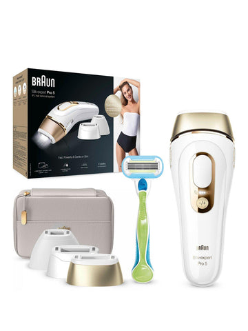 Braun IPL Silk-Expert Pro 5, At Home Hair Removal Device with Pouch, White/Gold, PL5257